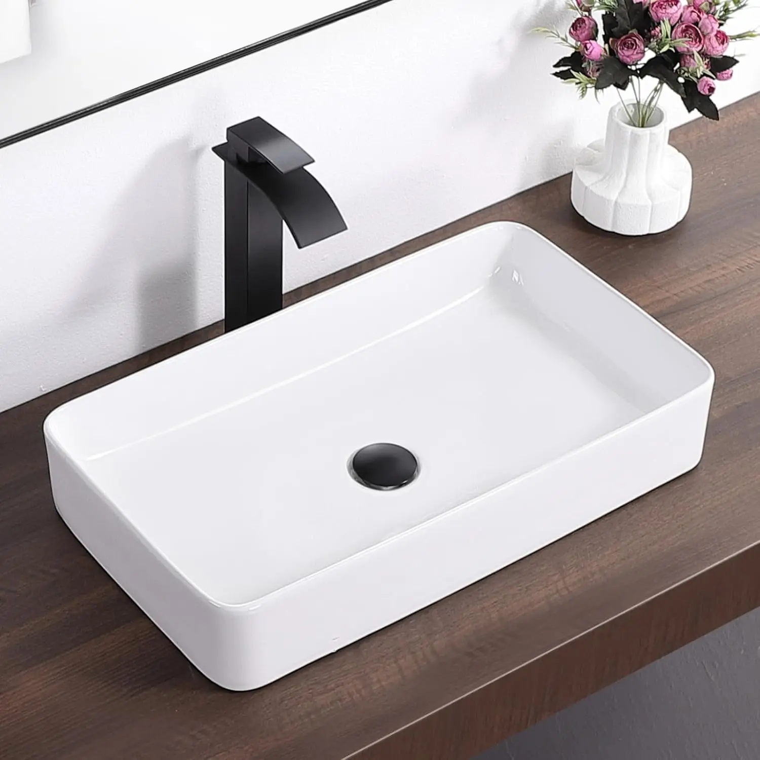 

White Rectangle Vessel Sink, 24x14 Inch Ceramic Bathroom Sink for Above Counter Installation