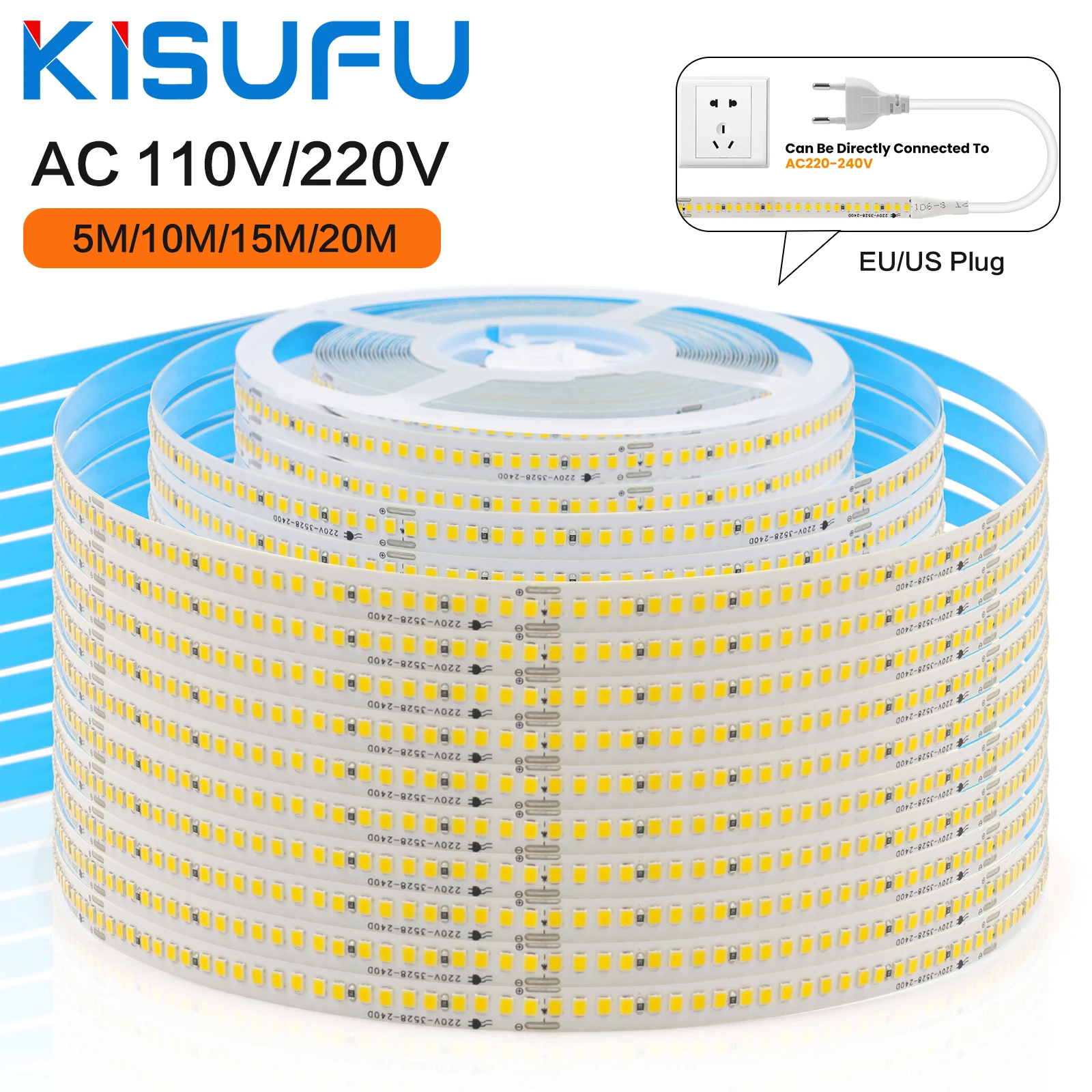 

5M 10M 15M 20M/рулон AC 110V 220V Светодиодная лента с вилкой 3000K 4000K 6500K 2835 240 светодиодов/M IP44 Гибкая лента клейкая лента