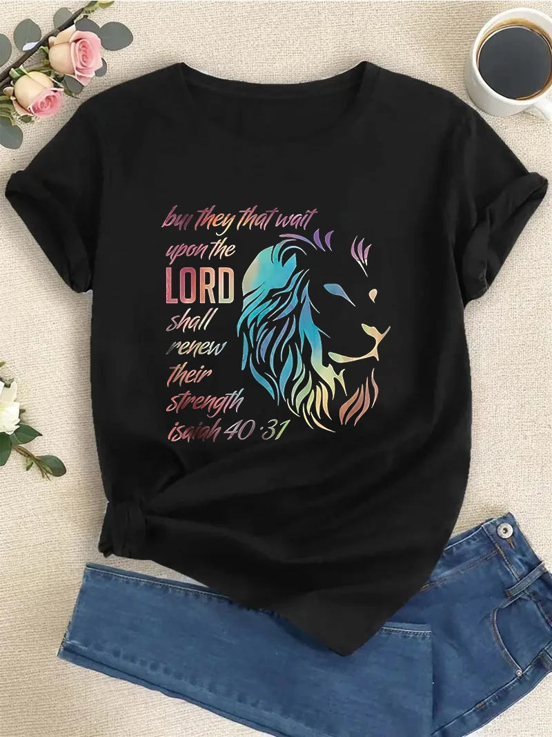 Christian Gifts Lion Women Religious Verse Sayings Him T-Shirt Summer Fashion Short Sleeve Round Neck Top Women's T-shirt