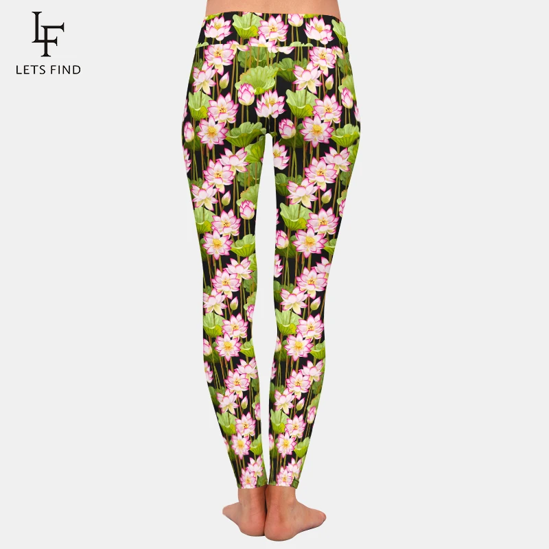 LETSFIND-Calças Fitness Feminina, Leggings de Cintura Alta, Calças Finas, Estampa 3D com Flores de Lótus, Moda, Alta Qualidade