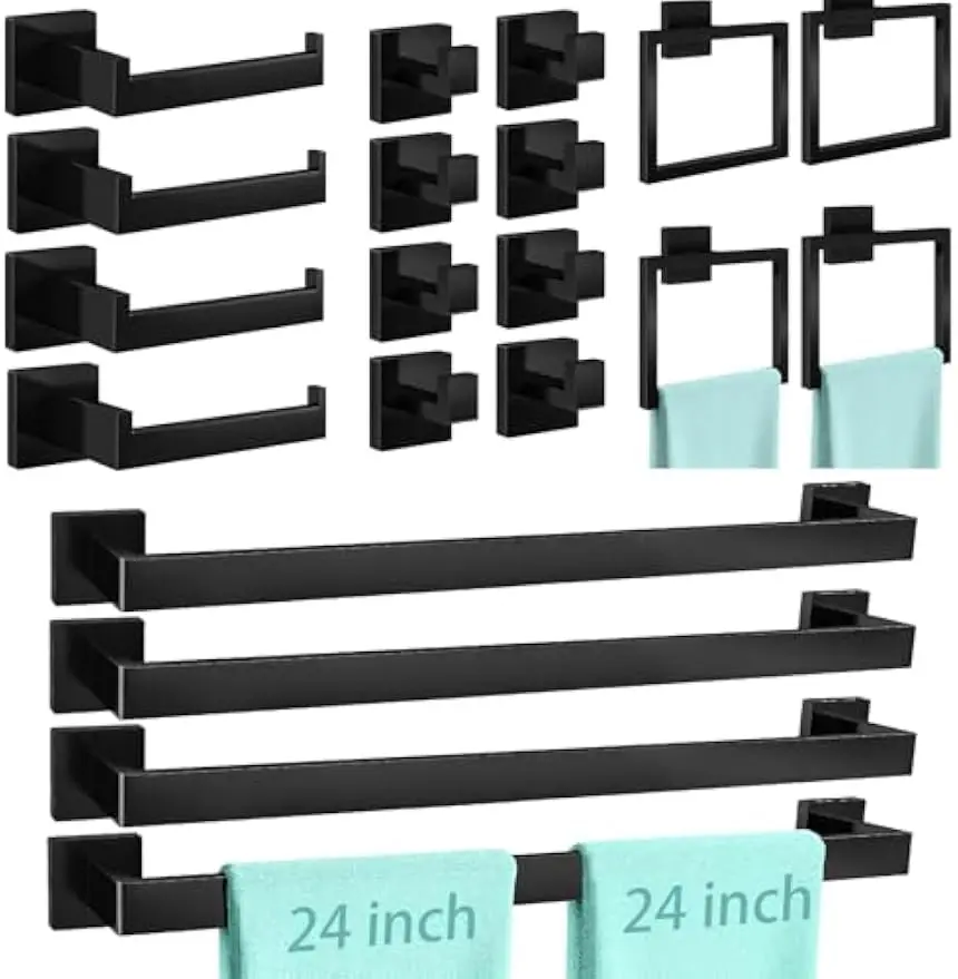 20 Piece Matte Black Bathroom Hardware Set 24 Inch Towel Bar Rack Toilet Paper Holder Wall Square Ring Hook