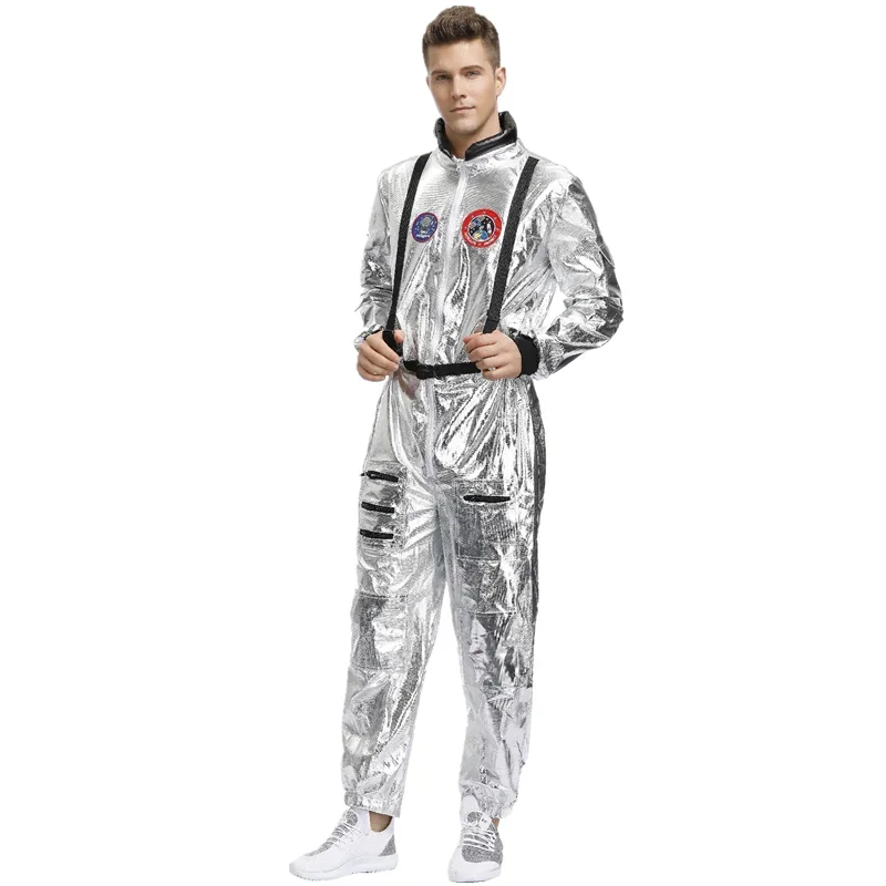 Homem prata astronauta piloto cosplay traje masquerade alienígena spaceman fantasia macacão masculino vestuário