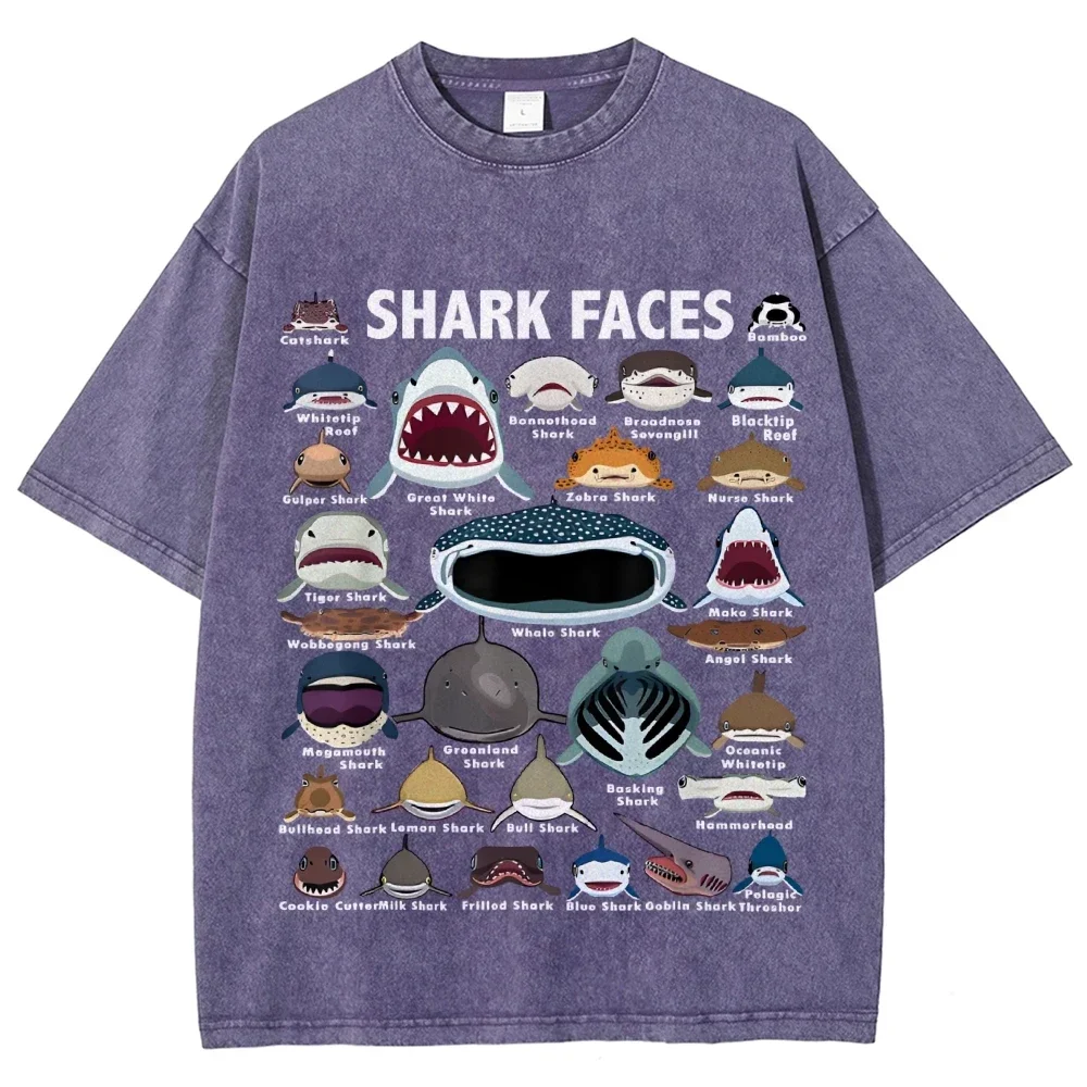 Vintage-style men's and women's T-shirts with various shark prints high-quality washed and distressed casual short sleeves