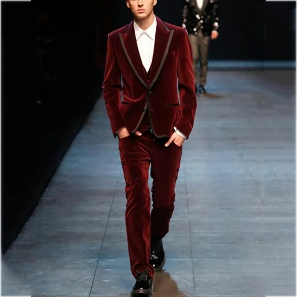 

Бордовый бархатный мужской костюм Slim Fit из двух предметов, однобортный, с остроконечными лацканами, модная мужская одежда, комплект для банкета и вечеринки, куртка, брюки