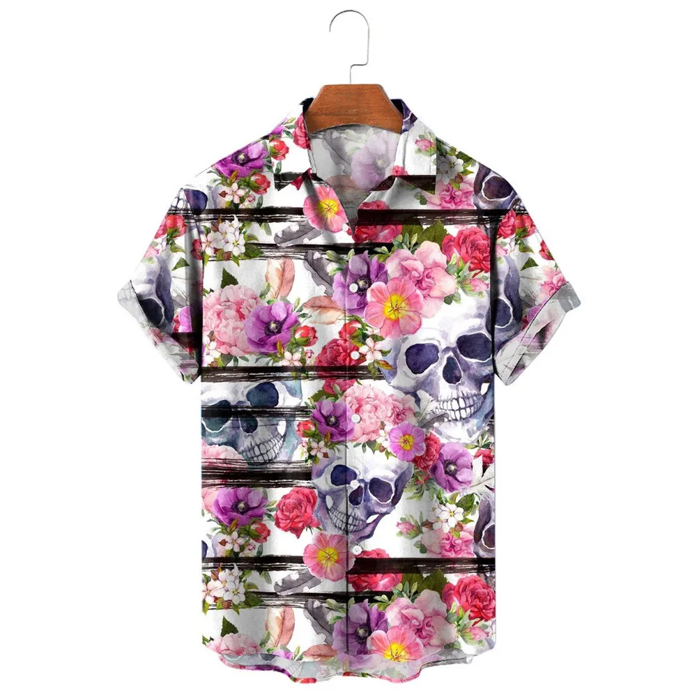 HX Fashion Men's Shirts Tropical Plant Hibiscus Skull 3D Printed Casual Shirt Summer Beach Shirts for Men Clothing