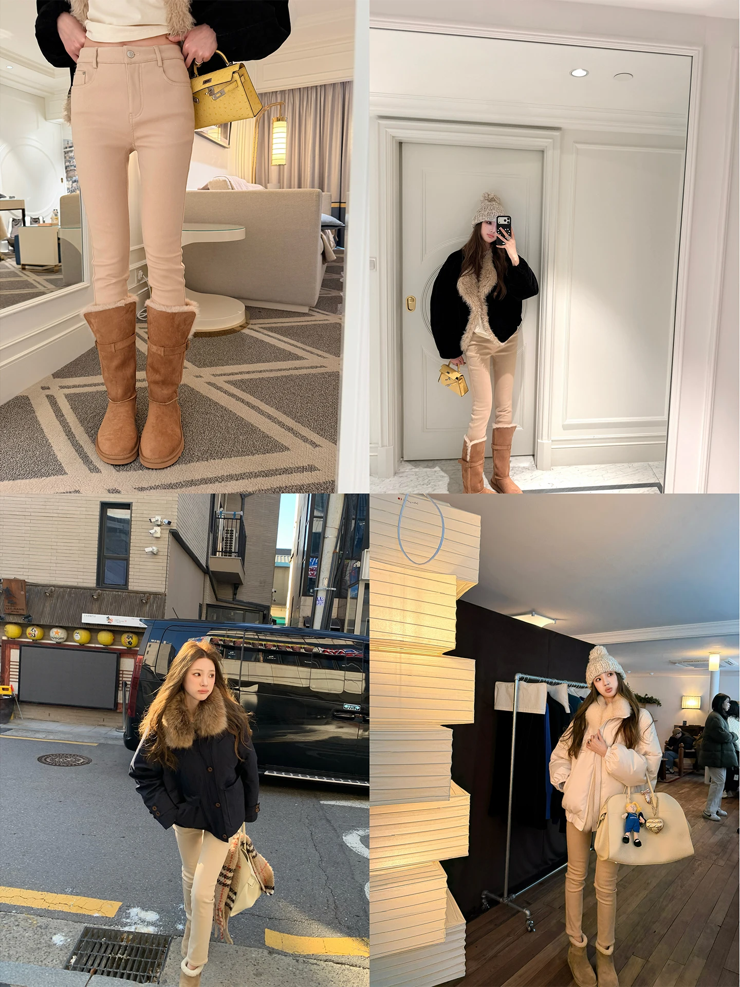 

AAAAXBBB Hazelnut Flaxen Waed Fce Lined High Waist Button Fly High Rise Slim Fit Casual Pants Women's Korean Sle Jeans