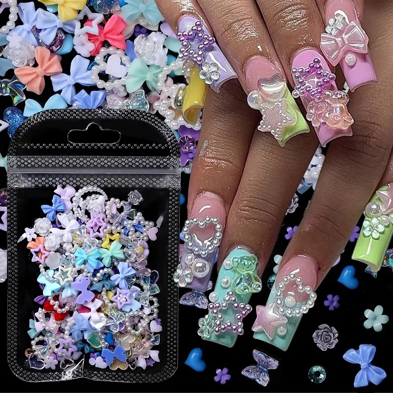 

100Pcs 3D Nail Art Decoration Kit With Resin Bows Flat Back Pearls And Assorted Shapes – Unscented DIY Craft Embellishments