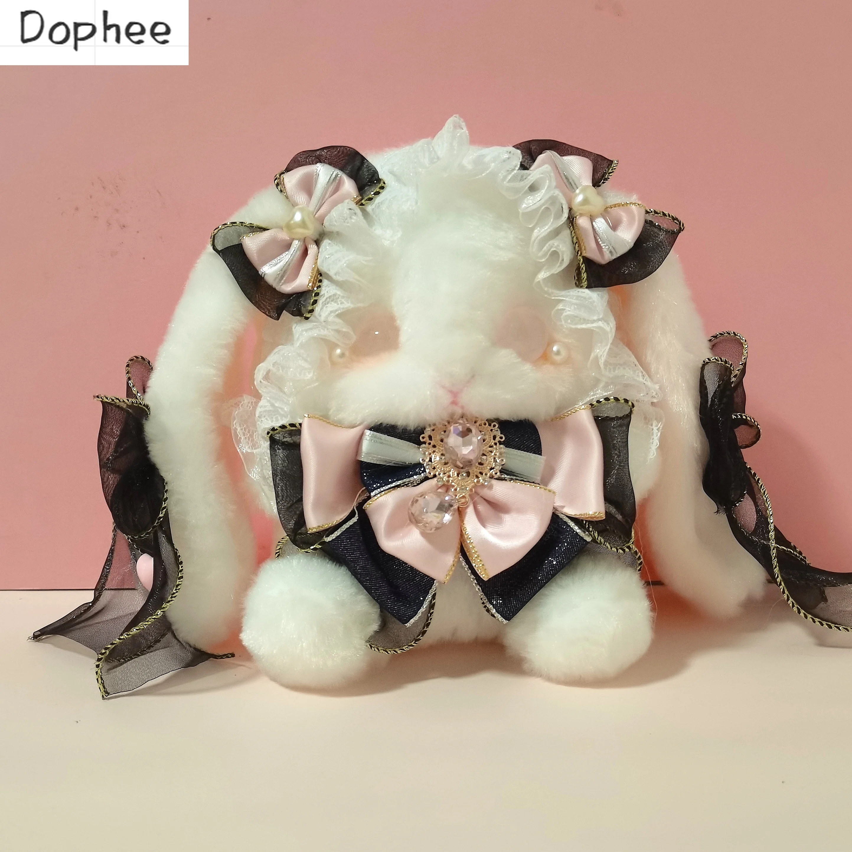 Dophee Original Black Pink Classics Lolita Rabbit Bag Cute Girls Rhinestone Bow Pearl Chain Messenger Bag Plush Doll Students