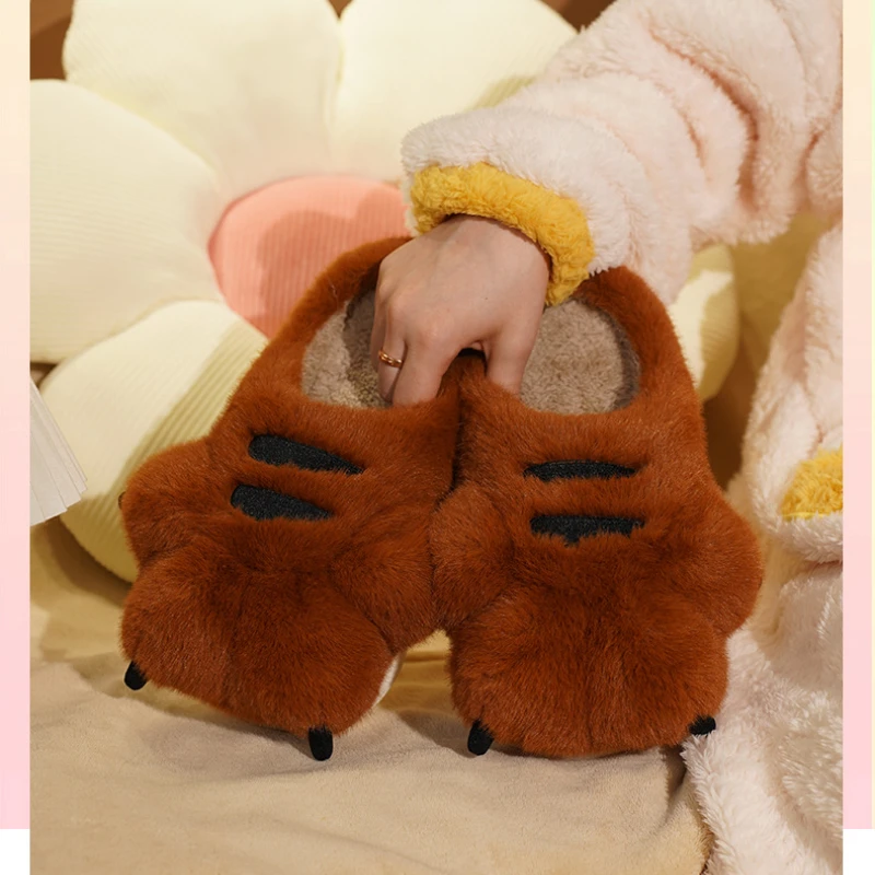 Cute Cartoon Fluffy Slippers For Women Men Winter Warm Shoes Soft Plush Big Paw Anti-slip Couples Indoor Home Cotton Slipper