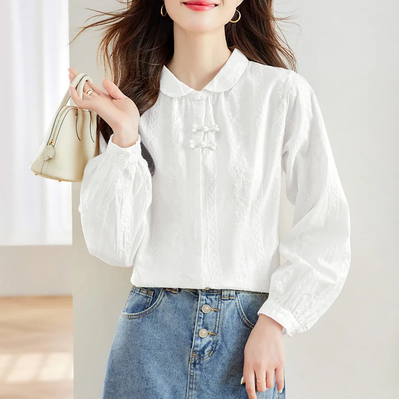 

Women's Cotton Apricot Embroider irt Long Sve Loose Fit Commute Sle Lantern Sve Casual Faion Spring Collection