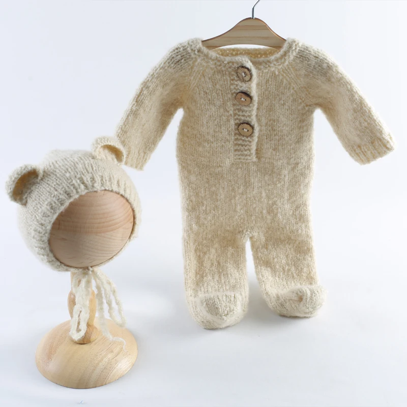 Knitted Newborn Teddy Bear Mohair Outfit Baby Christmas Romper Newborn Photography Props Infant Knotted Bonnet Suit Photo Shoot