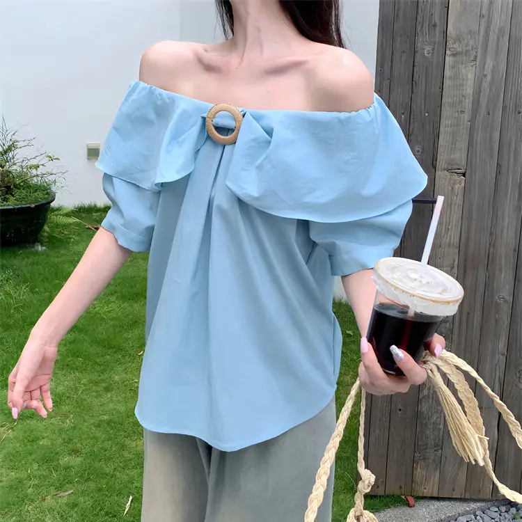 

Short-Sleeve One-Line Collar Off-Shoulder Shirt Women Summer 2024 New Age-Reducing Fashion Versatile Loose Solid Color Top Trend