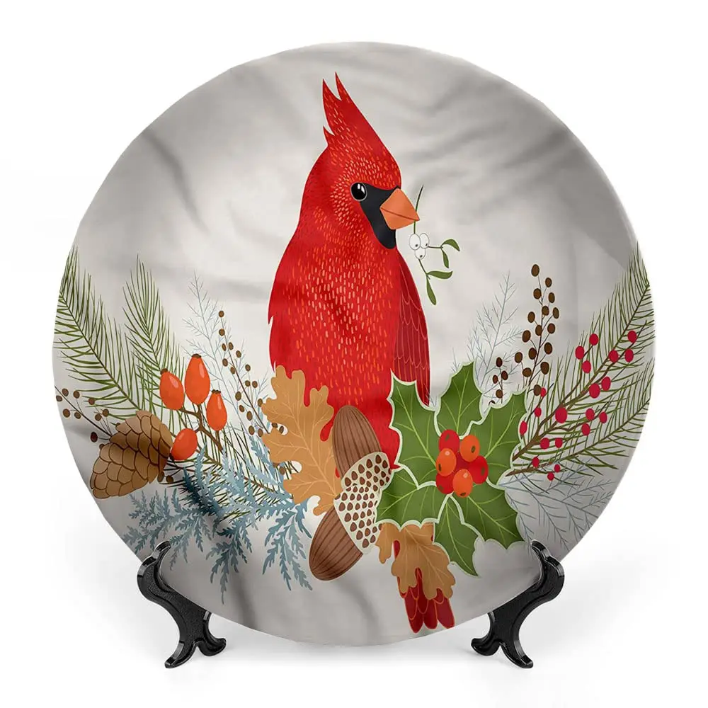 Ceramic Display Plate, Red Bird Ceramic Hanging Decorative Plate, Ornate Christmas Acorns, Household Custom Ceramic Plate