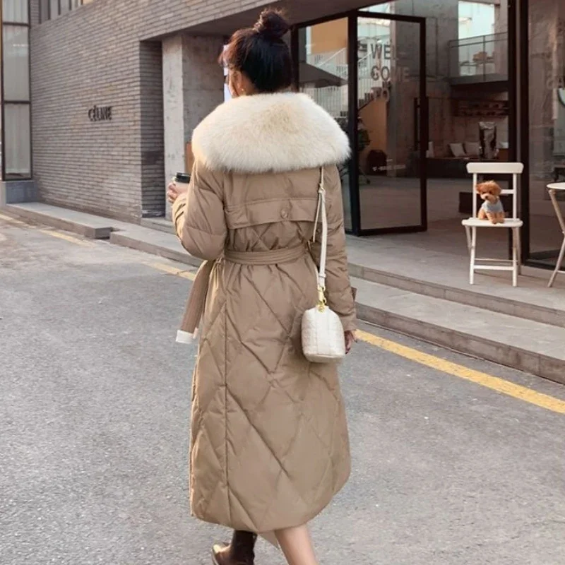 2023 New Women Large Fur Collar Down Jacket Long Below Knee Thicken Warm Large Size Parkas Winter Temperament Slim Fit Outwear