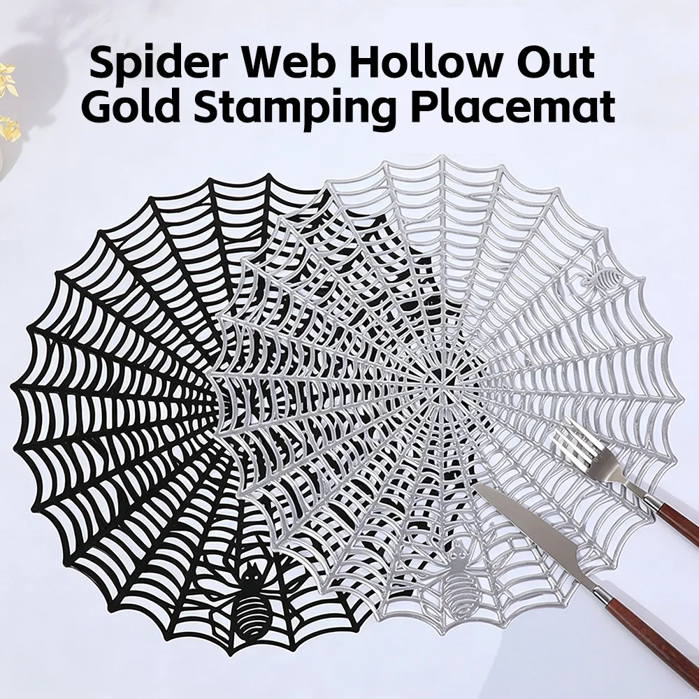 Halloween Spider Web Table Mat Cup Coaster Hollow PVC Heat Resistant Non-Slip Table Pad for Home Use