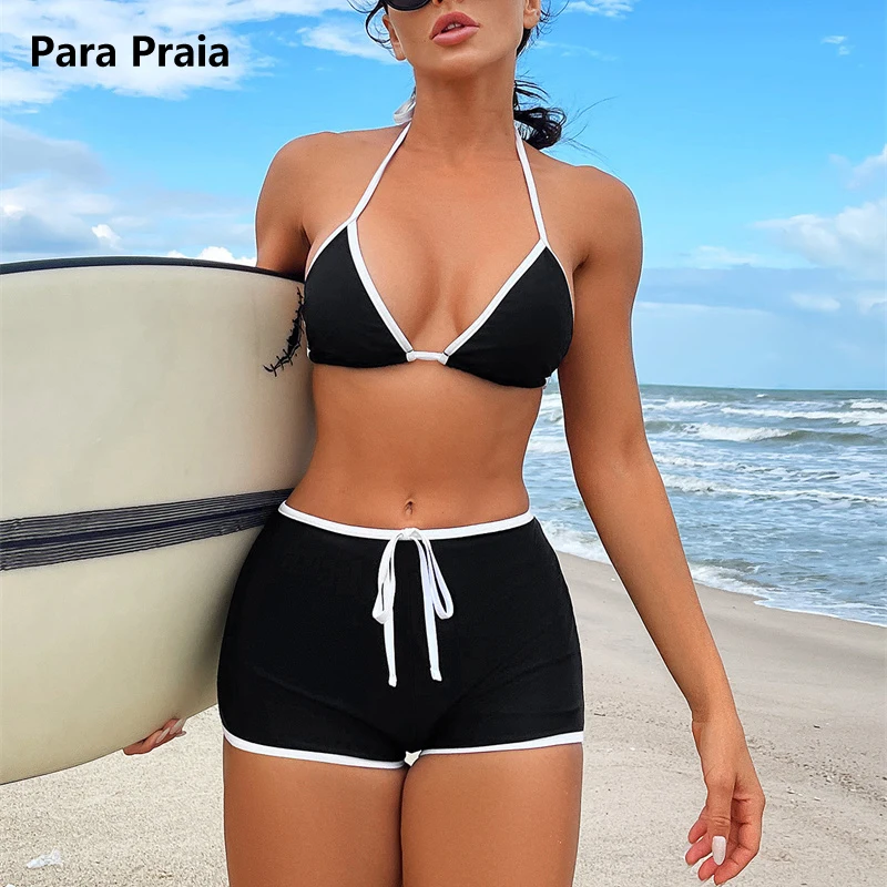 Para praia 2025 alta corte halter bikini conjunto curto tanga alta perna corte feminino maiô feminino banho de duas peças conjunto de biquíni