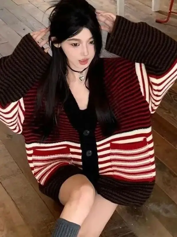 Retro Rot Gestreifte Gestrickte Offene Strickjacke Pullover Lose Lange Sve Farbe Blo Strickwaren Trendy Lazy Sle Damen Faion