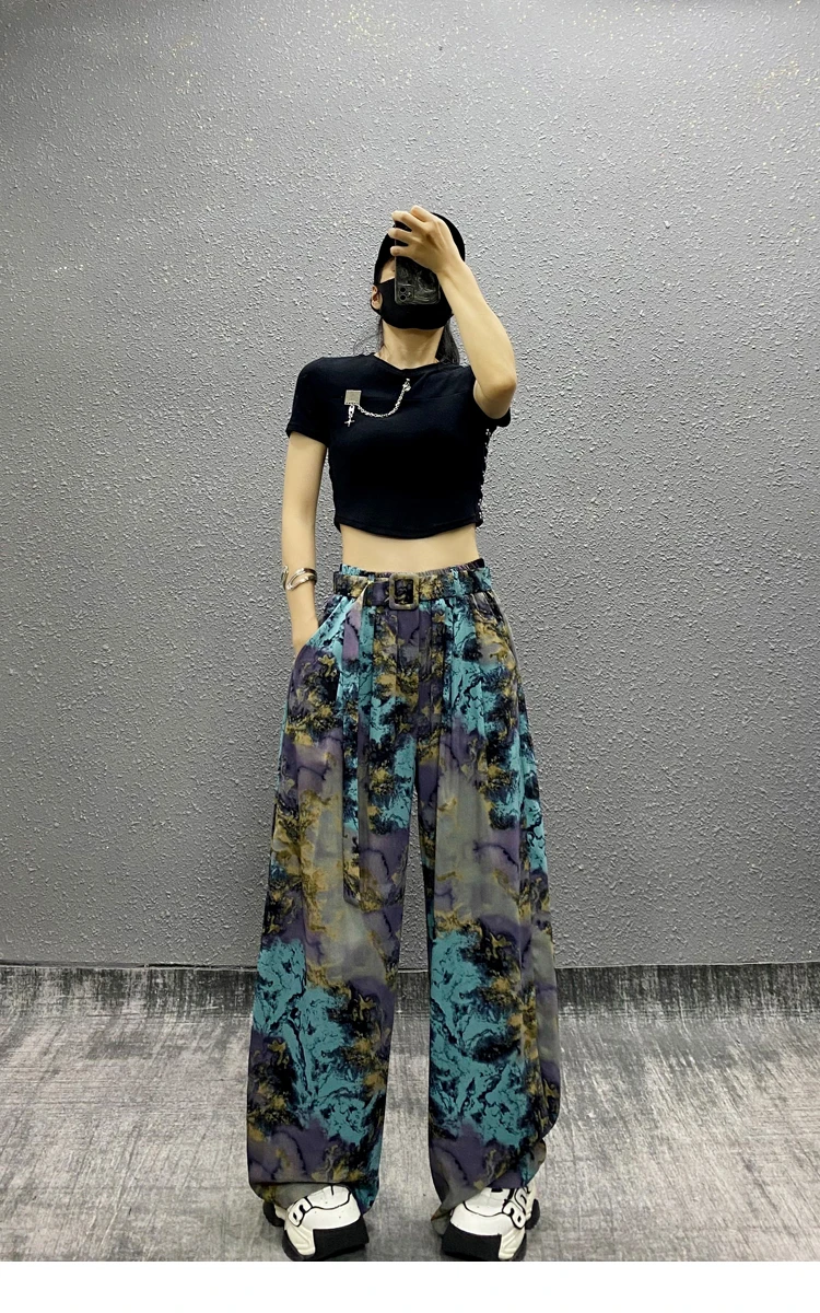 2025 Summer Women's New Fashionable Colorful Printed Design Wide-Leg Pants High Waist Loose Slimming Straight Casual Pants