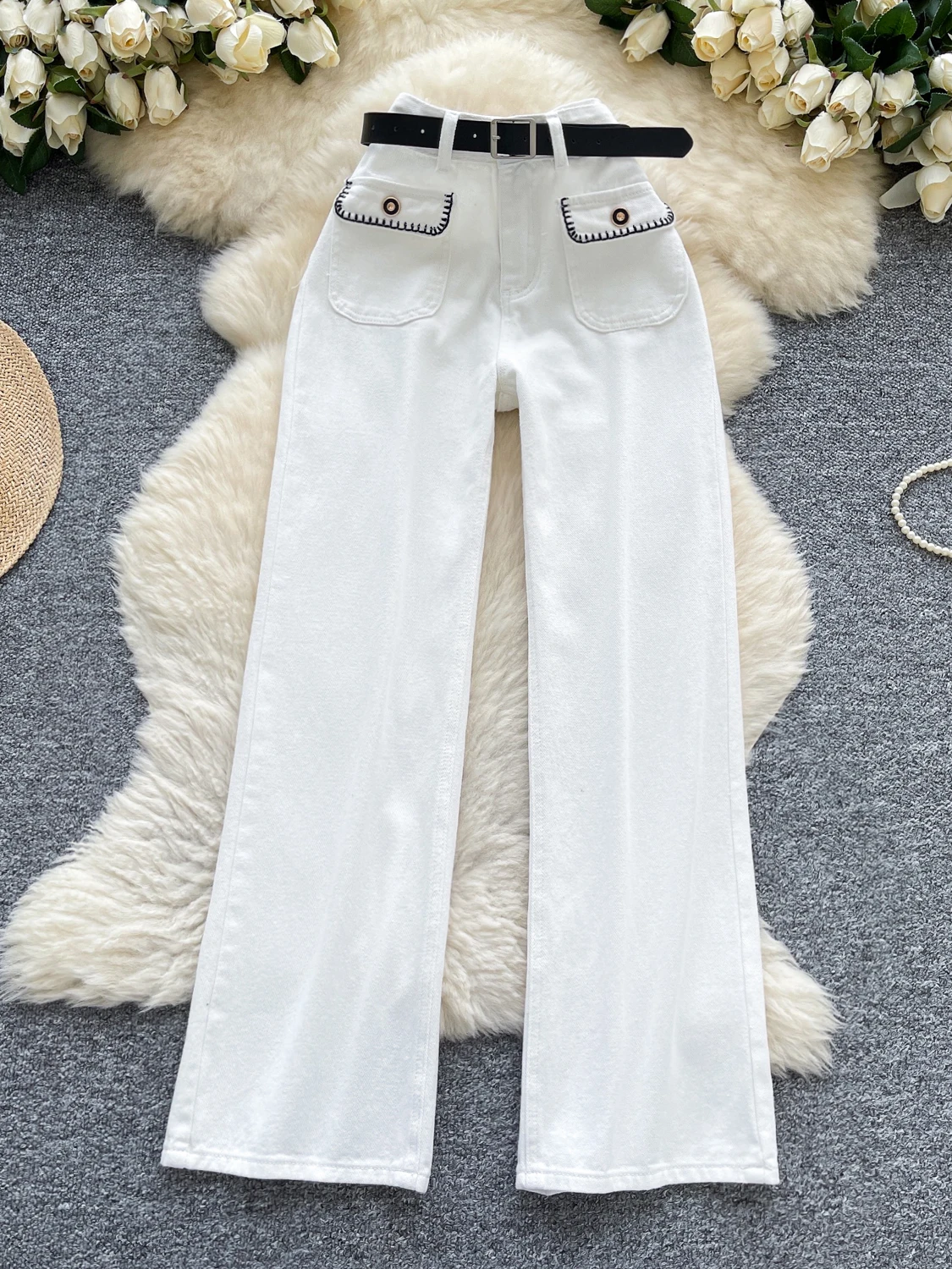 

High Waist Wide Leg Jeans Denim Straight Cut Pants with Belt American Retro Hot Girl kets Casual Loose Fit Long Trousers