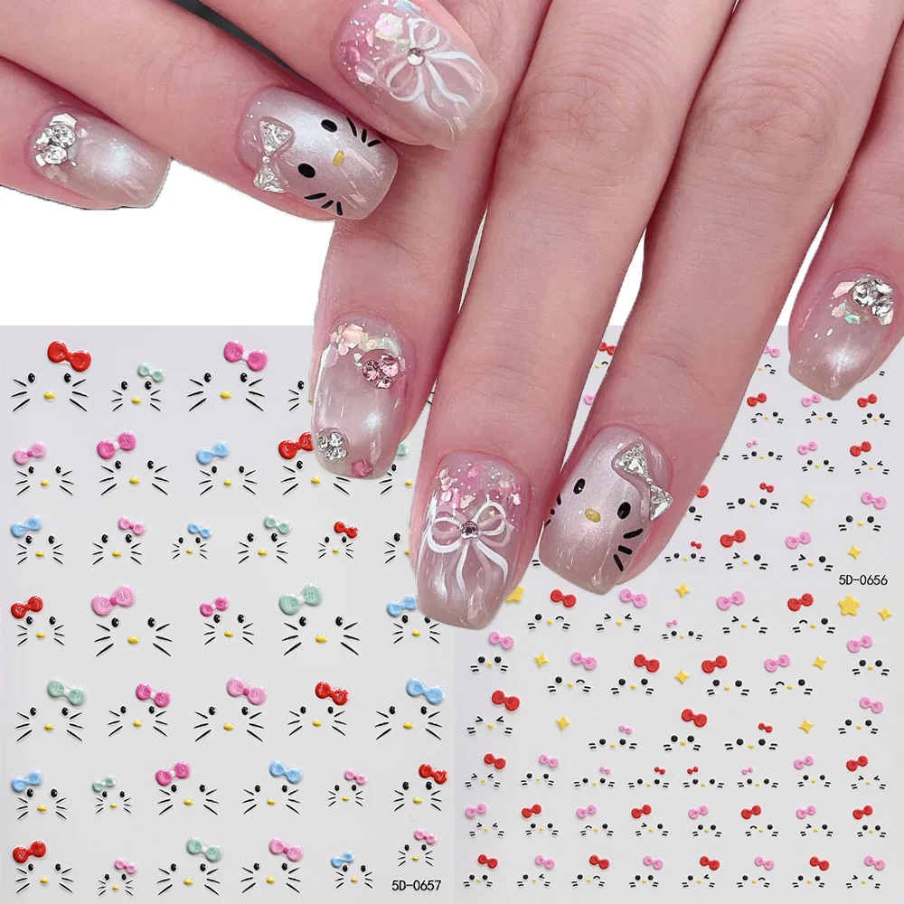 

2sheets/Kit Colorful Kawaii KT Cat Face Nail Art Stickers 5D Embossed Bow Hello Kitty Wink Expression Nail Decals DIY Manicure