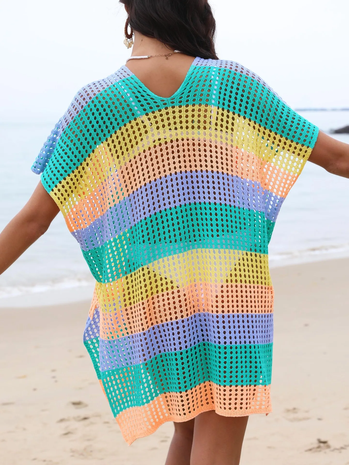 Ropa de playa de lujo para mujer, prendas de vestir de punto, túnica a rayas verdes, vestido Kimono a la moda de ganchillo para mujer, 2024