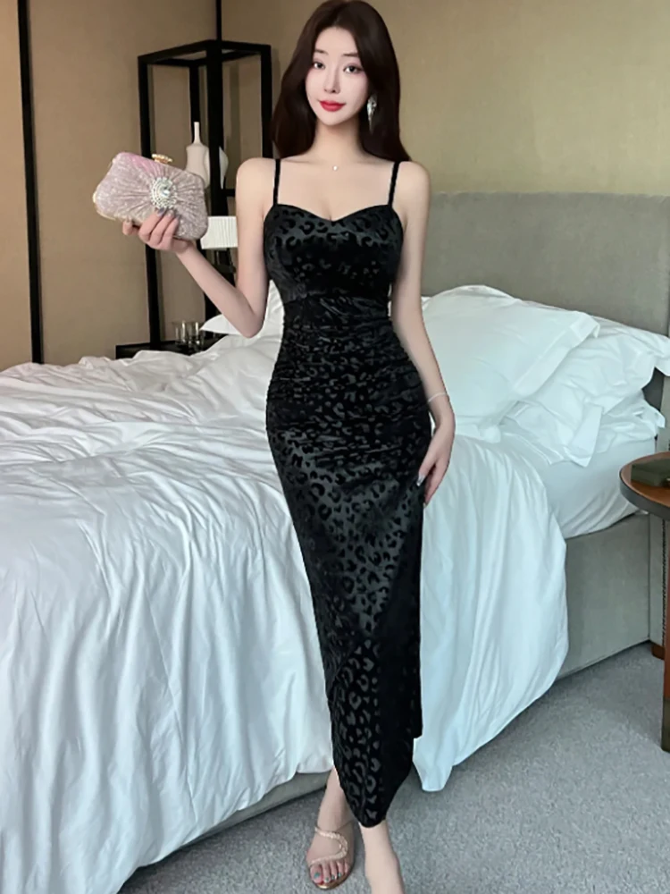 المرأة الأخضر المخملية الجاكار الساتان مثير فستان بكتافة الخريف مطوي Bodycon مهرجان فستان 2025 الكورية خمر فستان سهرة فاخر #5