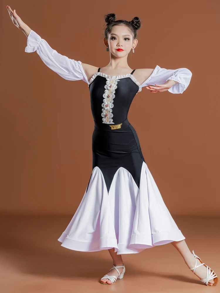 Children Fashion Ballroom Dance Dress Off-Shoulder Waltz Standard Dancing Performance Costume Girls Tango Dance Clothing DL11439