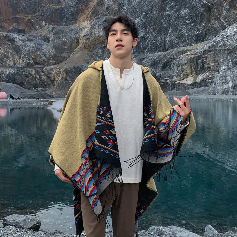 

Autumn Winter New Bohemian Shawl Men Ponchos Cashmere Blend Cape Coat Fringe Poncho Vintage Tassel Scarf Hooded Wraps Outwear