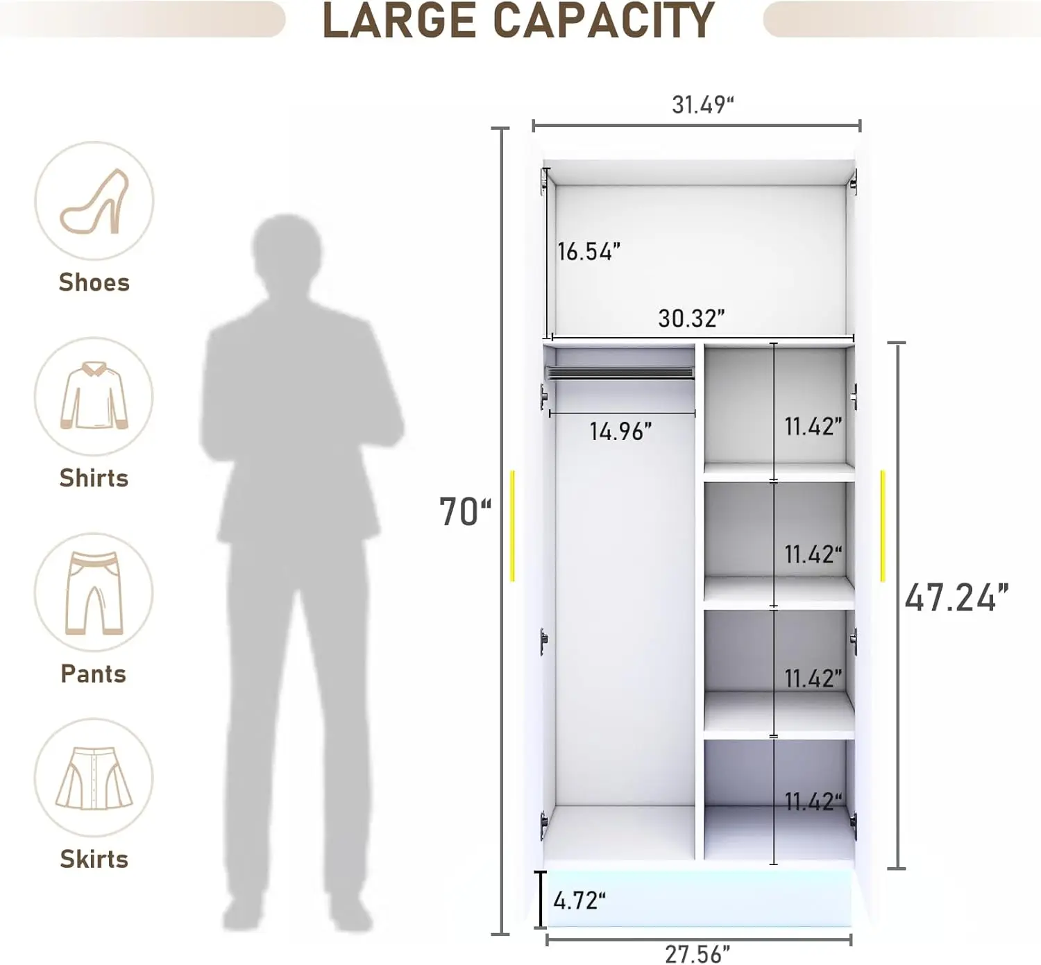 70in LED 2 Doors Armoires Wardrobe Closet&Cabinet with Hanging Rod,Bedroom Armoires with RGB LED 6000-color Lights,Wardrobe Clot