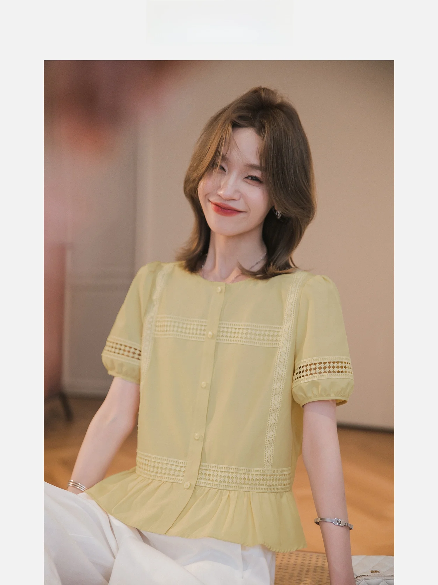 

Легкая летняя новая женская футболка с круглым вырезом и короткими рукавами-фонариками, прямого кроя, с цветочным принтом XiaoGuoLi