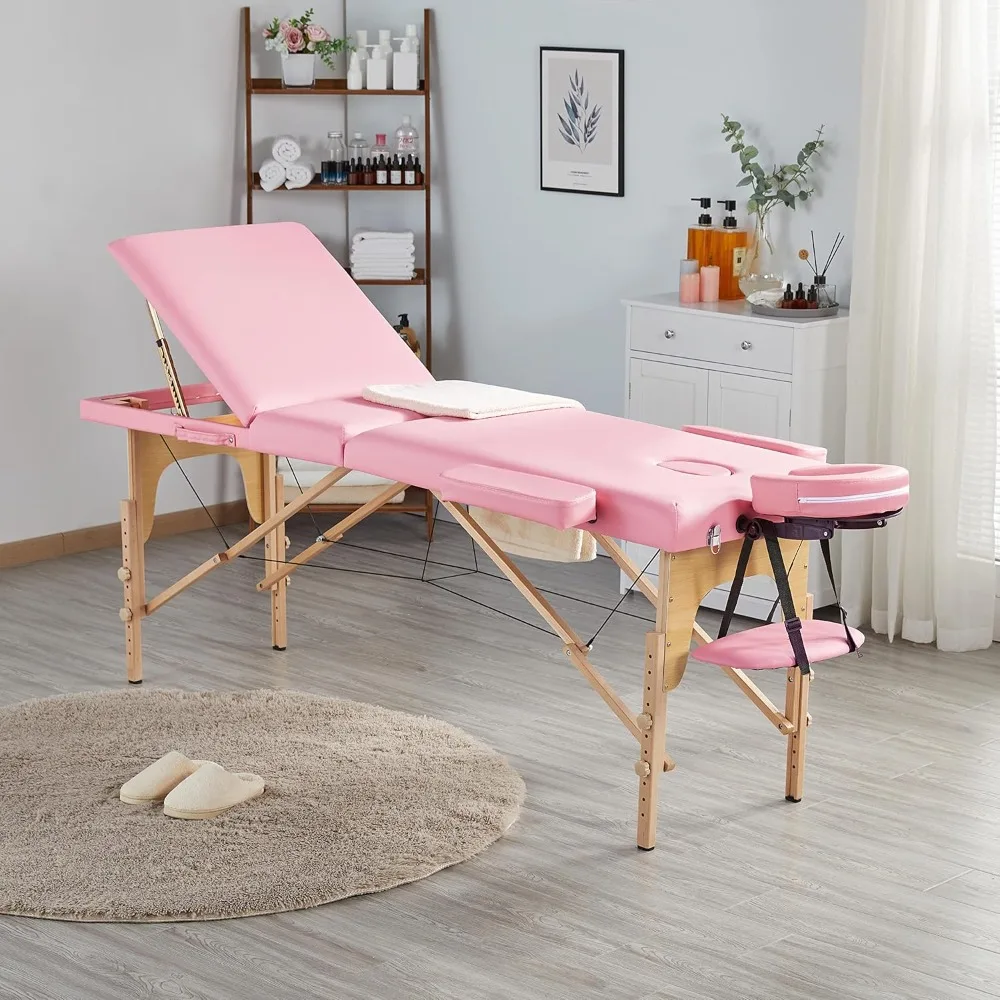 Topeakmart-cama de masaje para pestañas, mesa portátil de altura ajustable para salón, 3 cuna facial plegable, cama para tatuaje, color rosa