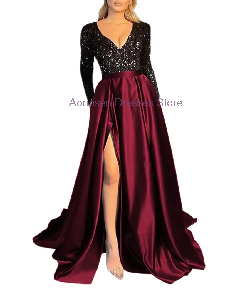 

Aoruisen 2024 New Women's V Neck Sequin Prom Dress Long Sleeve Slit A line Formal Ball Evening Gown Satin Bridesmaid Dresses