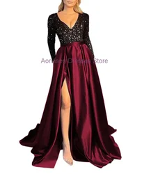 Aoruisen 2024 New Women's V Neck Sequin Prom Dress Long Sleeve Slit A line Formal Ball Evening Gown Satin Bridesmaid Dresses