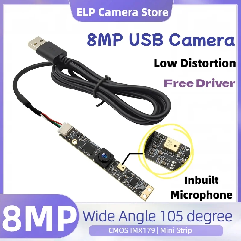 

ELP 8MP Wide Angle 105degree USB Camera Module Inbuilt Microphone mini strip 4K Lightburn Camera for Laser Engraver