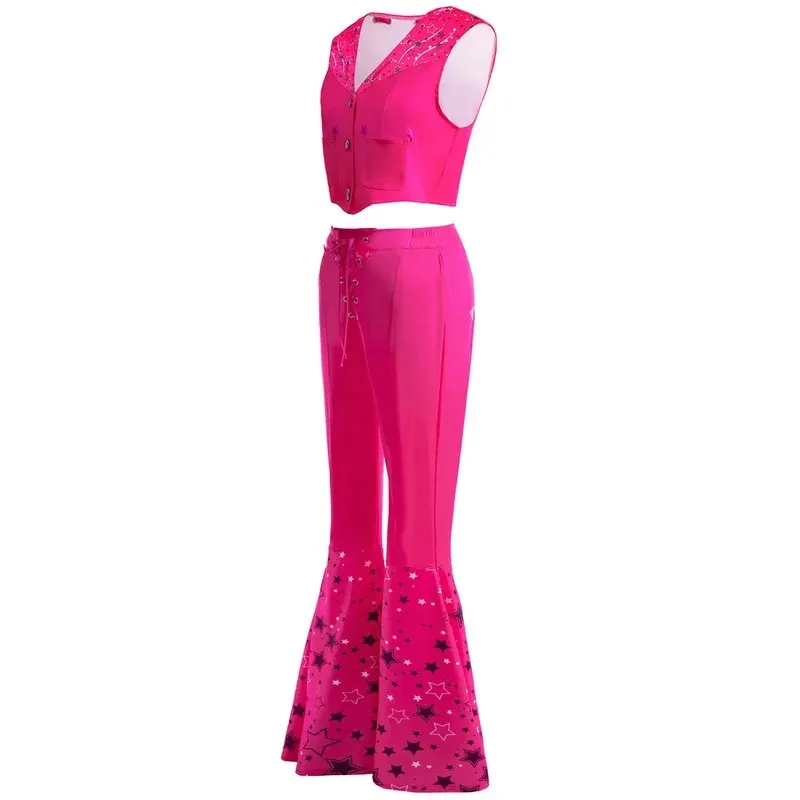 XT8Movie Barbi Costume Lovely Cowgirl Suit Pink Vest Top and Flared Pants Adult Kids Margot Robbie Girls Halloween Party Cl@XT6！