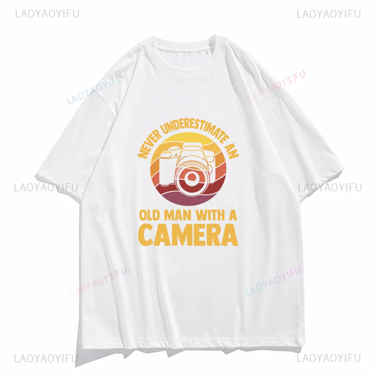 Vintage Mens T Shirts Photography T-Shirt Never Understimate An Old Man with A Camera Print Tops Graphic T Shirt Cotton Tee