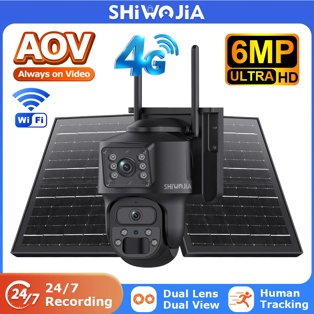 

SHIWOJIA 6MP Solar Battery Camera 4G SIM AOV 7/24 Recording Dual Lens WIFI Security PTZ Camera Night Vision Video PIR Monitor