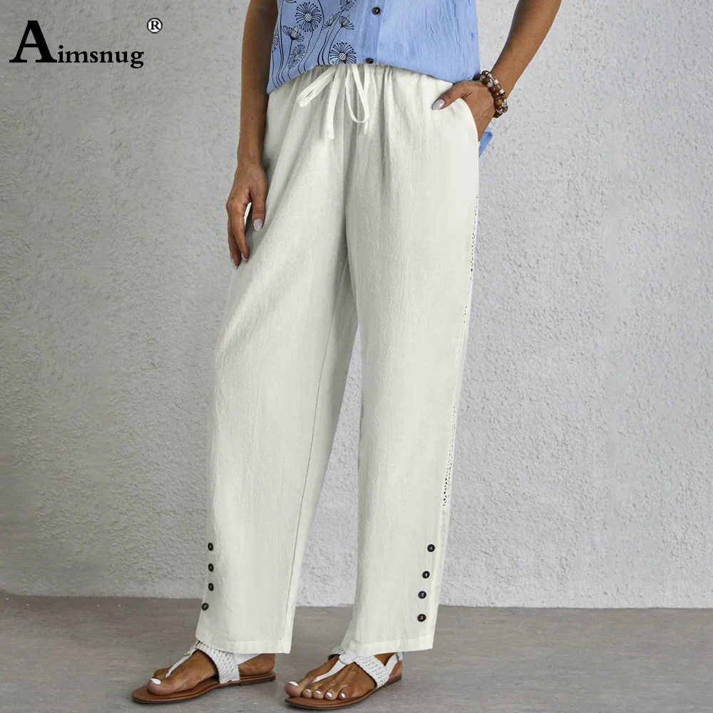 

Women's Stand Pocket Casual Beach Pants Solid White Khaki Lace Straight Trousers Women Fashion Elastic Waist Ankle-length Pants