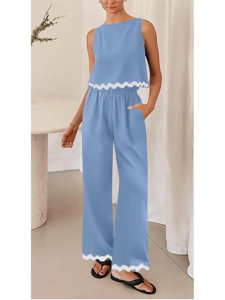 

Spring Women's Casual Solid Color Loose Two Piece Sets Summer Fashion O Neck Sleeveless Vest Short Top Loose Wide Legs Pants Set