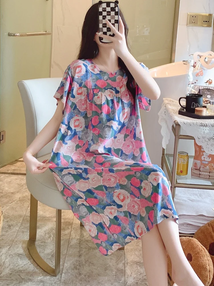 Cool Feeling Cotton Silk Sleep Dress Women's Summer Ultra-Thin Short Sleeve Home Dress Large Size Floral Print Comfortable Ni...