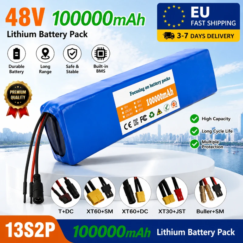13S2P 48V 100Ah 100000mAh Lithium-Ionen-Akkupack mit Smart BMS für 250W 350W 500W 750W 1000W E-Bike, E-Scooter, DIY-Akku, inklusive kostenlosem 54,6V Ladegerät, XT60, XT30, DC T-Stecker erhältlich