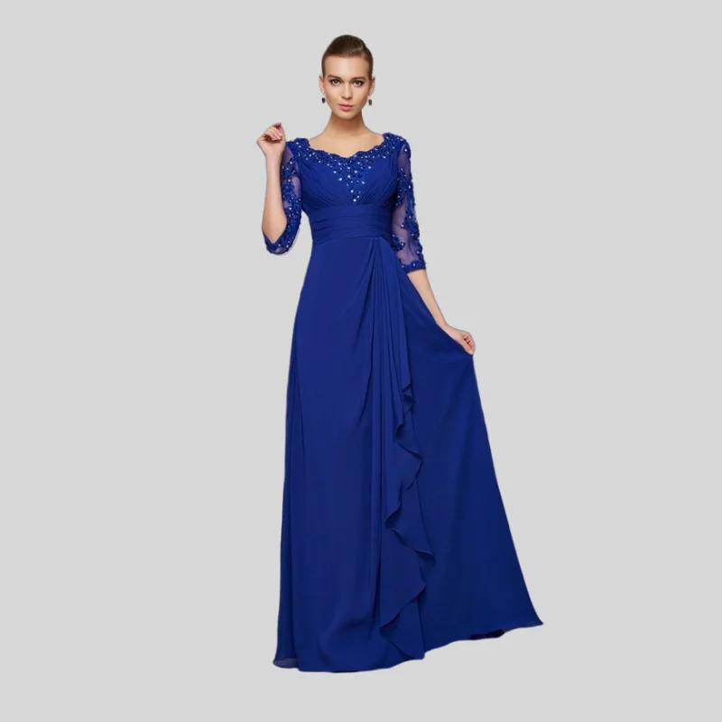 Azul real mãe da noiva vestidos a linha 3/4 mangas chiffon apliques plus size longo noivo vestidos de mãe para o casamento