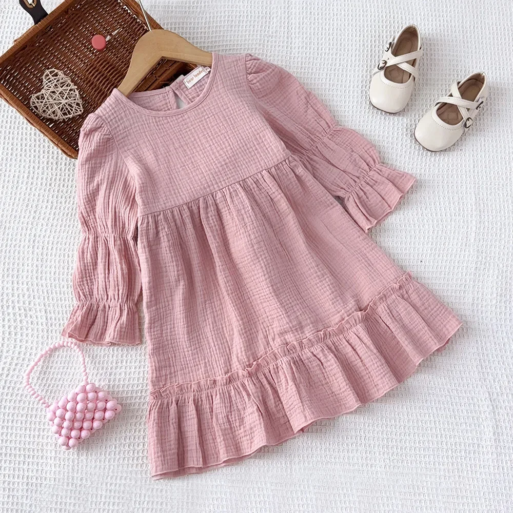 

Korean Version Children's Clothing Pink Long Sleeved Ruffle Edge Patchwork Dress for Spring and Autumn New Girls Casual Dresses