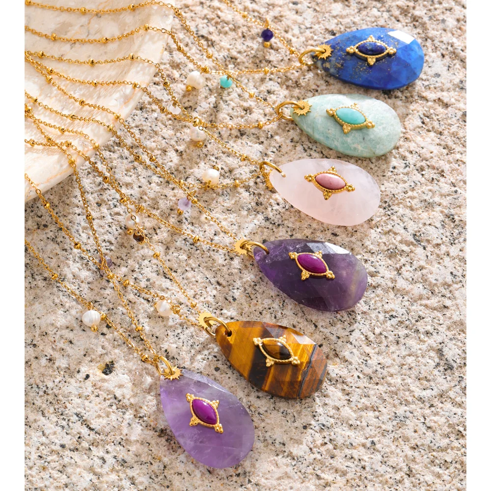 Yhpup 32mm Natural Stone Amazonite Tiger Aventurine Amethyst Drop Pendant Necklace for Women Stainless Steel France Jewelry Gift