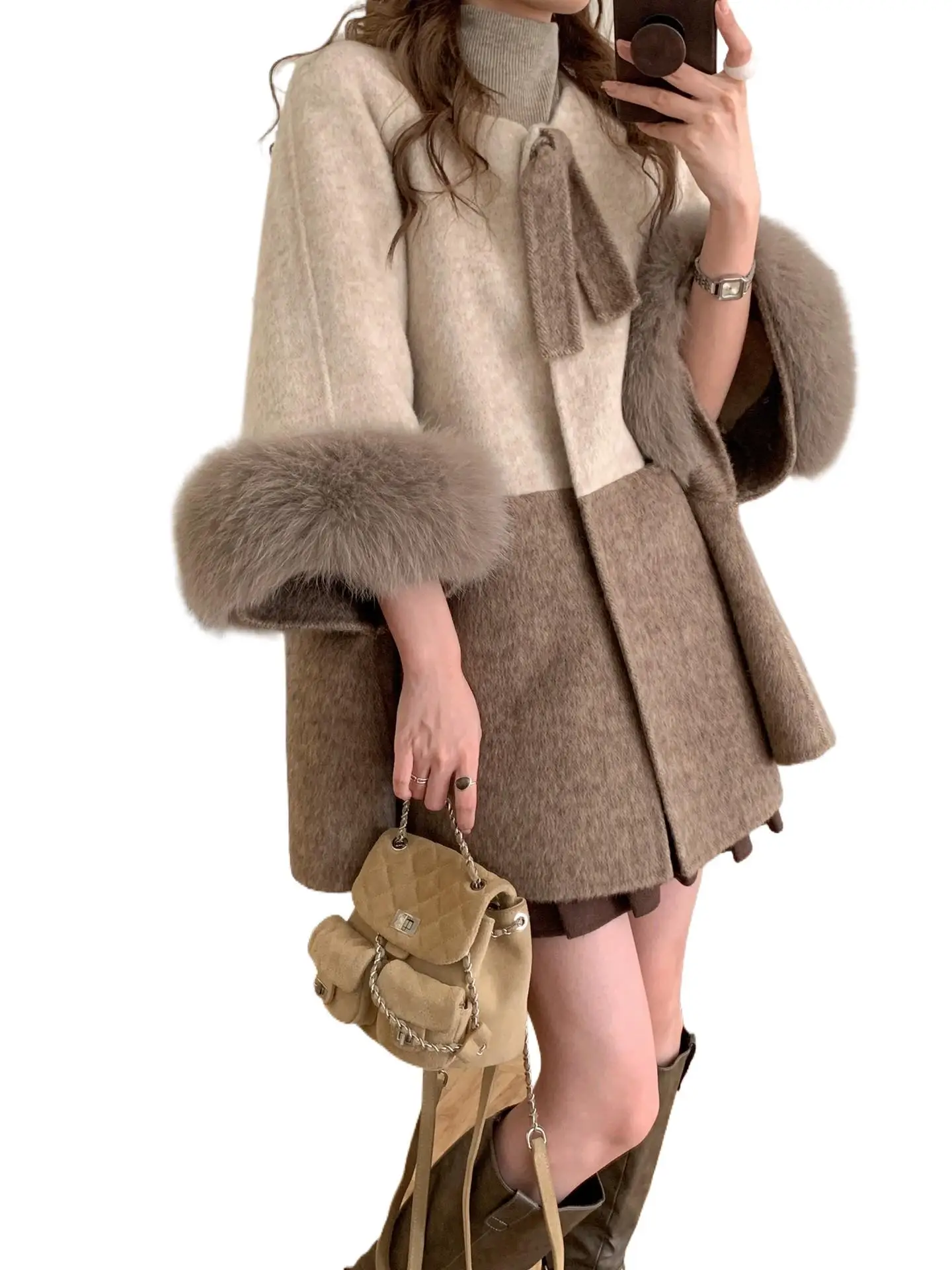 Cappuccino 2025 Autumn/Winter new contrasting color mid-length fox fur cape Double-sided woolen coat for women