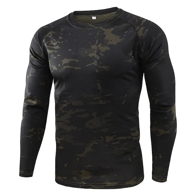 Camiseta de manga larga para hombre, camisa con estampado 3D de camuflaje para deportes al aire libre, Fitness, cuello redondo, ropa para correr