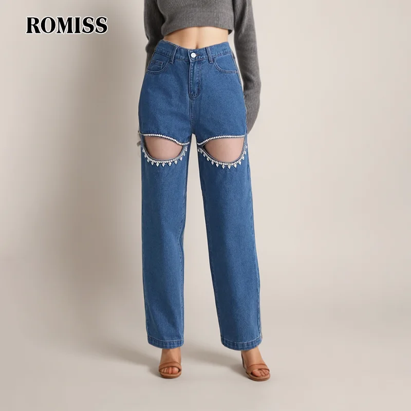 

ROMISS Vintage Hollow Out Spliced Diamonds Denim Pant For Women High Waist Patchwork Button Chic Wide Leg Pants Female