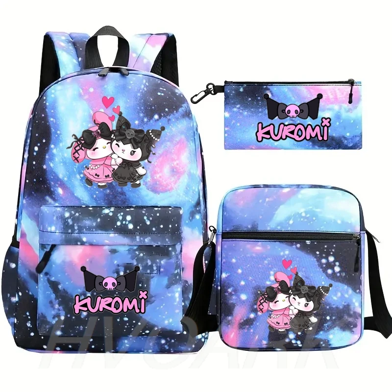 Kuromi-mochila de dibujos animados para adolescentes, morral escolar ligero de 3 piezas, capacidad sencilla, con Shoudler, para viaje al aire libre