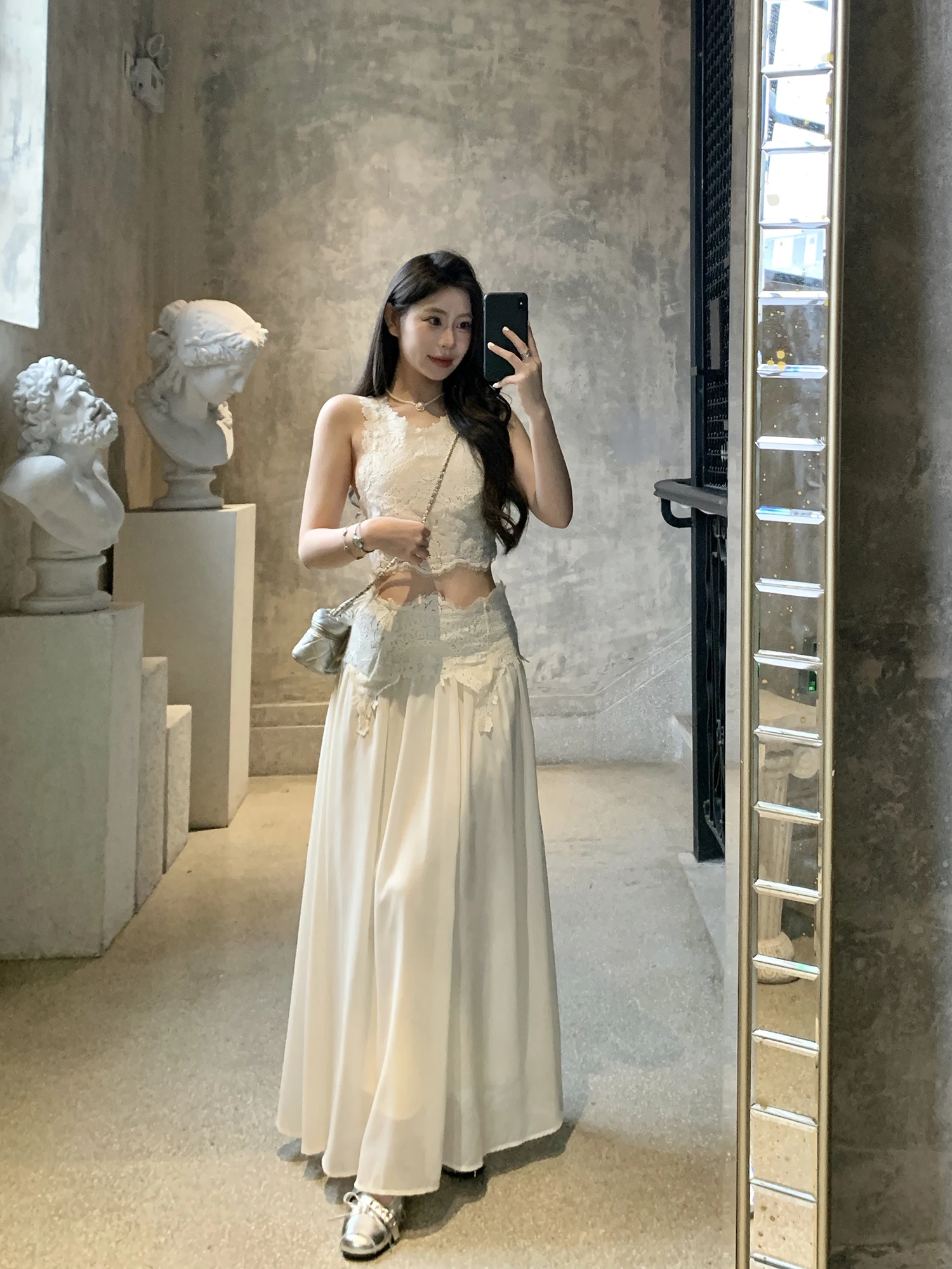 

Simple Design Lace Svel Vest And Skirt Set for Women Withmxboom ey Home Faion Summer Outfit Two-Piece Ensemble