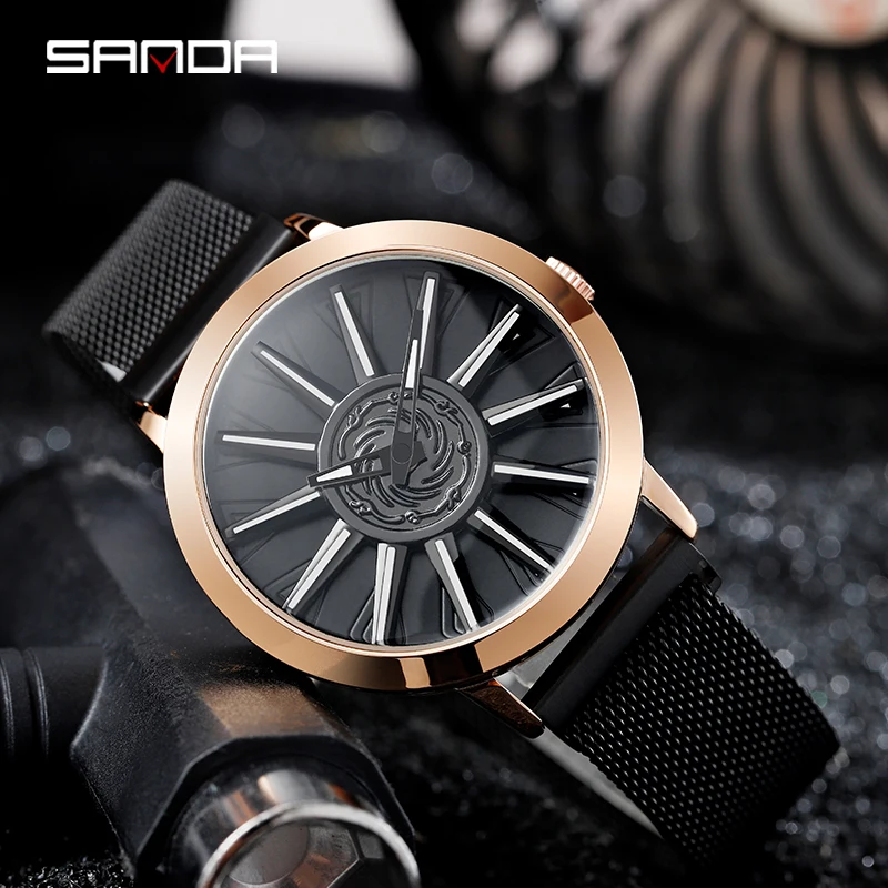 SANDA P1032 New Milan Belt Rim Watches Hub Custom Design Sports  Waterproof Creative Male Watch Men's Wheel Quartz Wristwatches